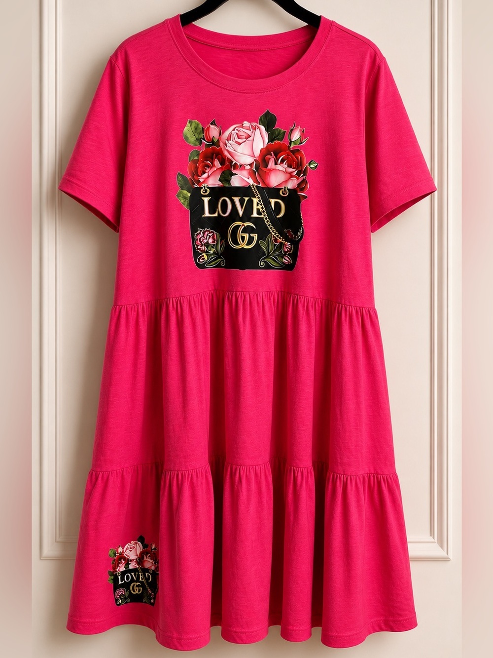 Pink Floral 'Loved' Graphic Tiered Pocket Dress